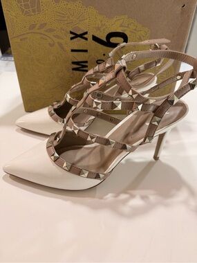 DSW Nude and White Studded Strappy Pointed-Toe Heels